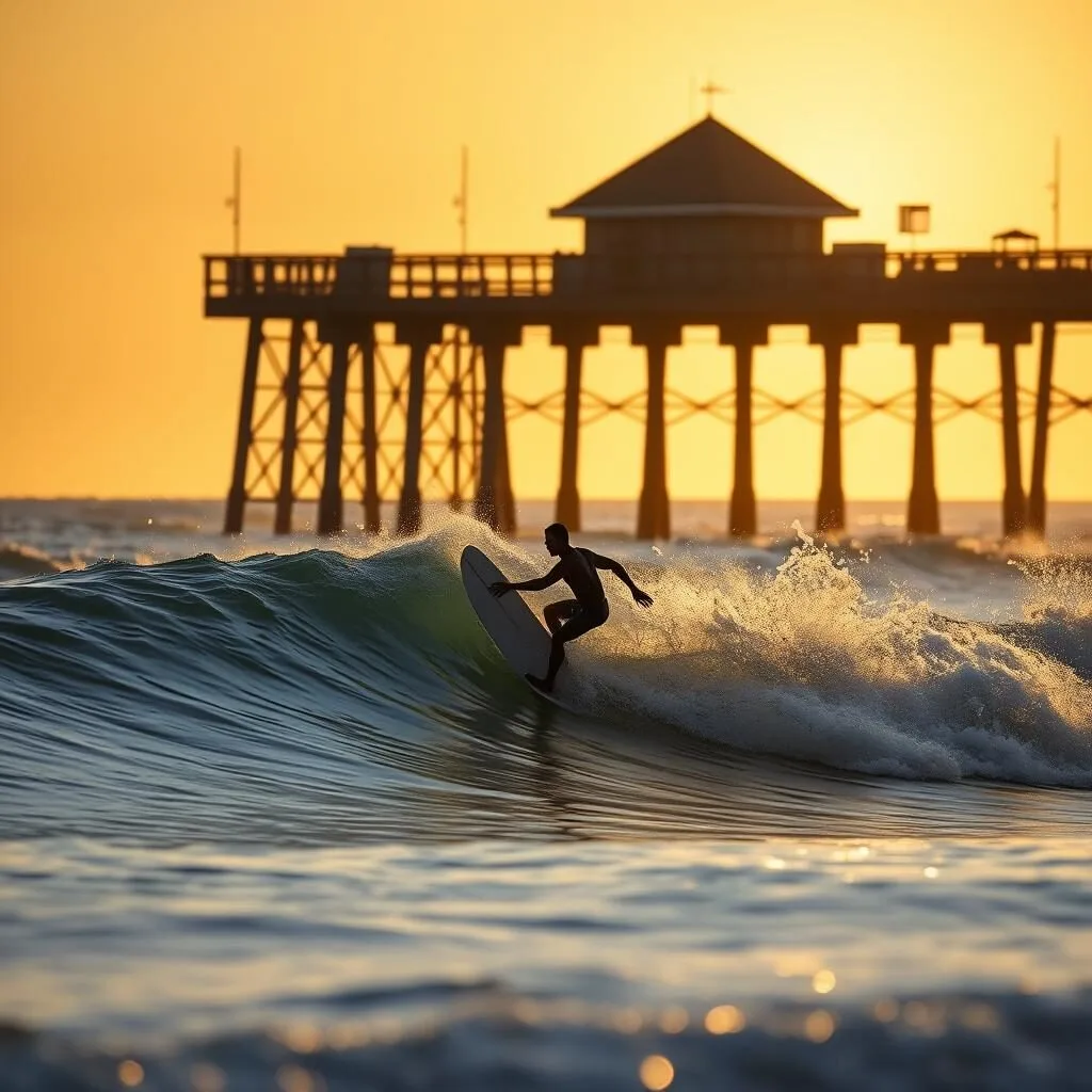 Surfer riding a wave near Horace Caldwell Pier on Mustang Island