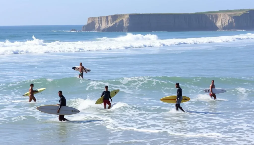 Surfers at Ditch Plains Beach with waves breaking and cliffs in the background