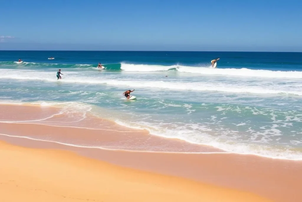 Surfers at Flynn's Beach with waves breaking and golden sand