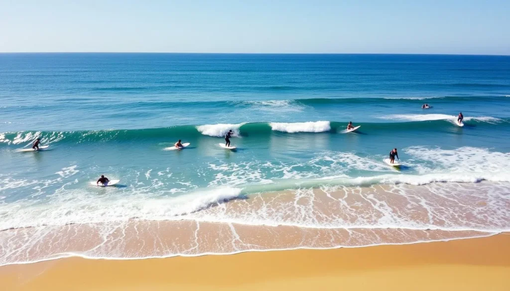 Surfers at Merewether Beach catching waves on a beautiful sunny day in Newcastle