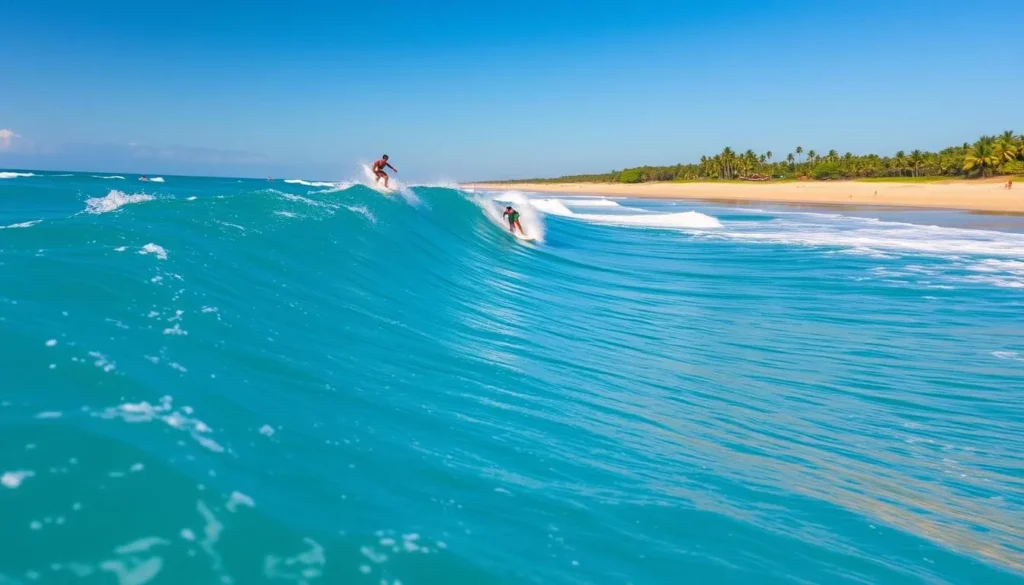 Surfers riding waves at Arugam Bay in Sri Lanka