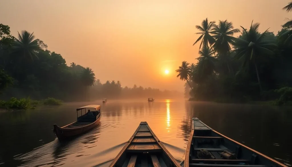 Suriname River with traditional boats and jungle backdrop