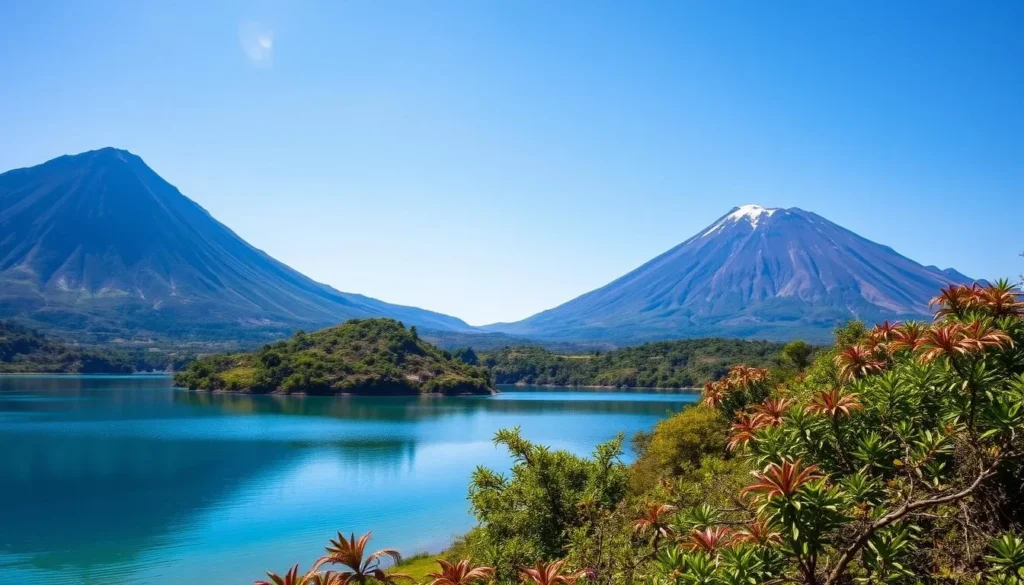 Surrounded by three majestic volcanoes, a serene lake with crystal-clear waters and lush surroundings.