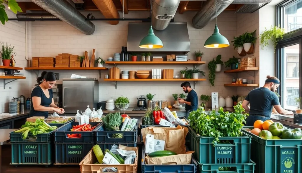 Sustainable practices at a Washington DC vegan restaurant showing compostable packaging and local produce Sustainable practices at a Washington DC vegan restaurant showing compostable packaging and local produce