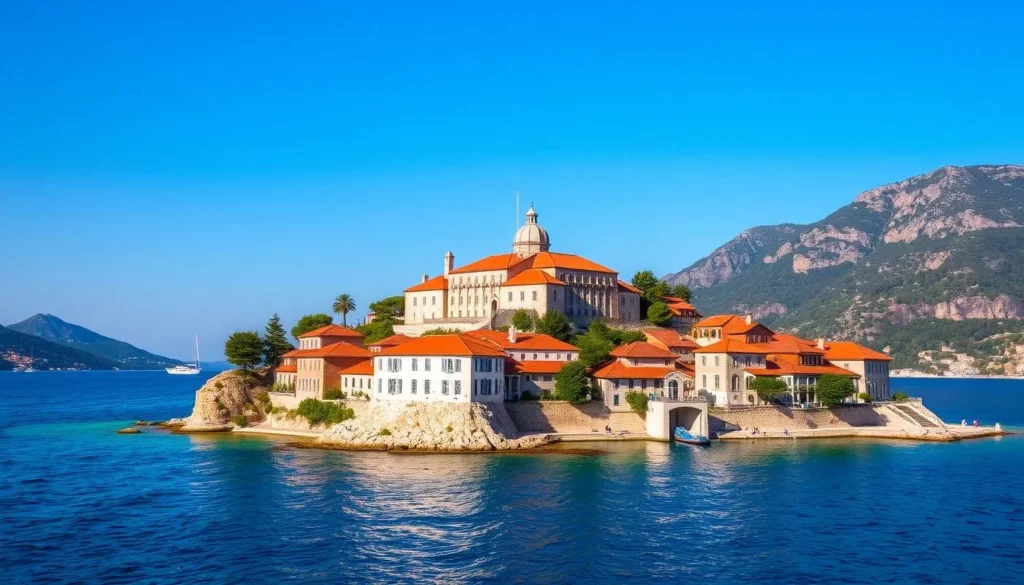 Sveti Stefan island resort connected to mainland by a narrow isthmus Sveti Stefan island resort connected to mainland by a narrow isthmus