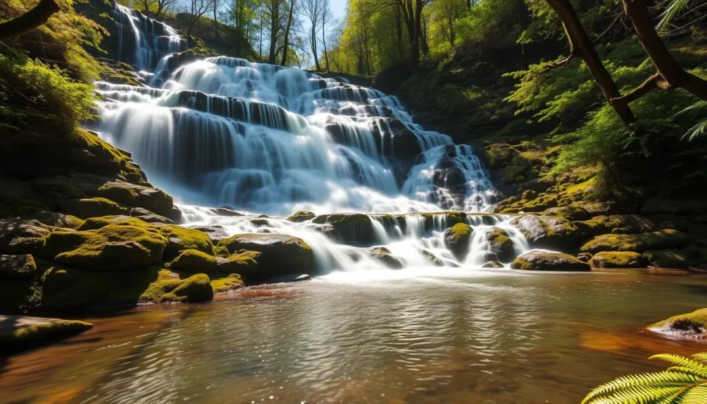 Swallow Falls (Rhaeadr Ewynnol) waterfall in Snowdonia with rushing water over rocks surrounded by lush greenery