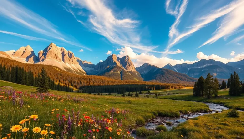 Sweeping vistas of the majestic Rocky Mountains, their jagged peaks reaching towards a clear azure sky. In the foreground, a lush meadow bursting with vibrant wildflowers sways gently in the crisp mountain breeze. Babbling brooks and streams wind their way through the landscape, reflecting the towering evergreen forests that line the horizon. Warm, golden sunlight filters through wispy clouds, casting a tranquil glow over the entire scene. This idyllic Colorado landscape, captured through the lens of a wide-angle camera, invites the viewer to immerse themselves in the serene beauty of nature.