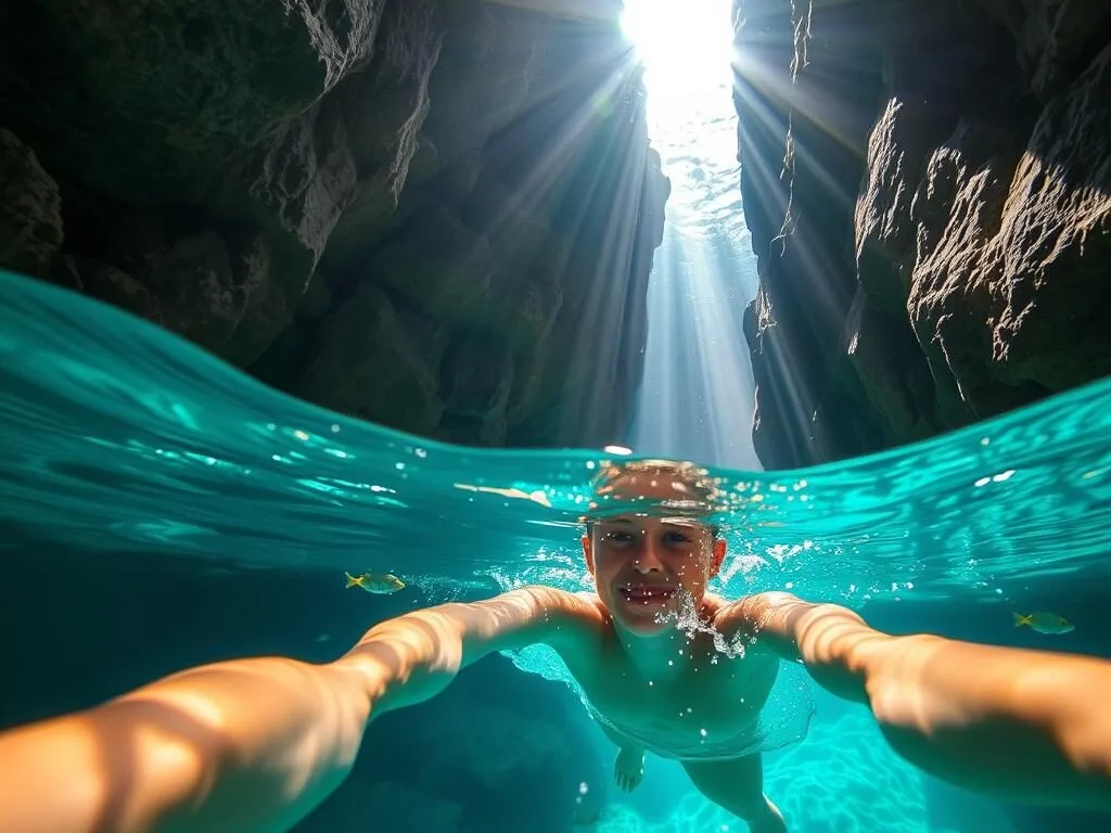 Swimmer in the crystal-clear waters of Matapa Chasm in Niue