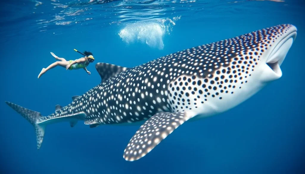 Swimmer with whale shark in Maldives waters