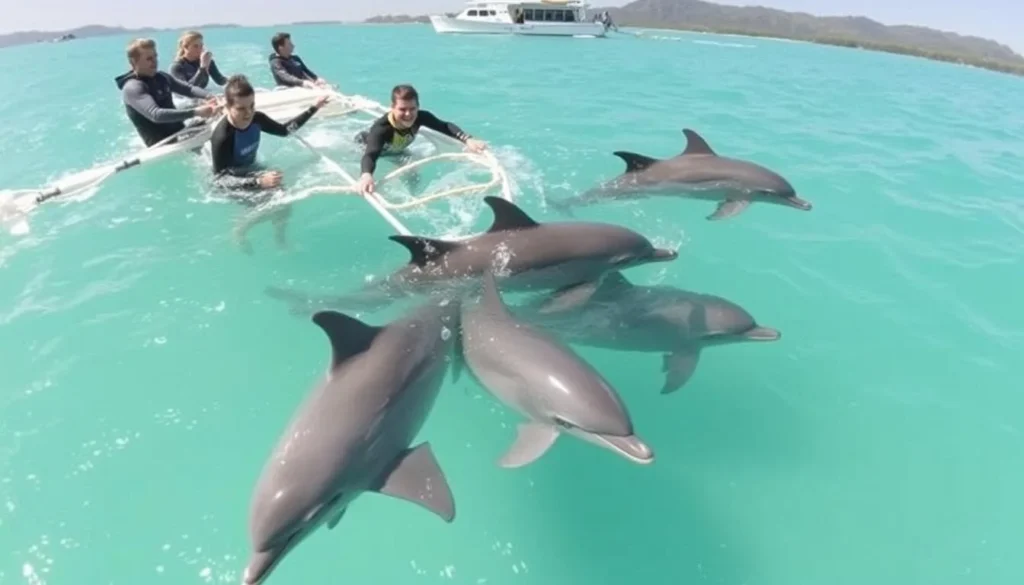 Swimmers interacting with wild dolphins in the clear waters of Port Stephens Swimmers interacting with wild dolphins in the clear waters of Port Stephens