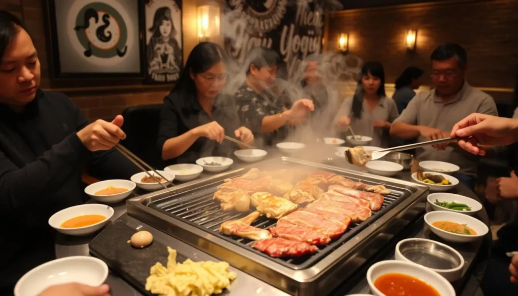 Tabletop Korean BBQ grill at Gogi Yogi with marinated meats cooking and diners enjoying the interactive experience
