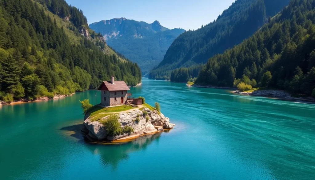 Tara National Park with the famous house on the Drina River rock and forested mountains Tara National Park with the famous house on the Drina River rock and forested mountains