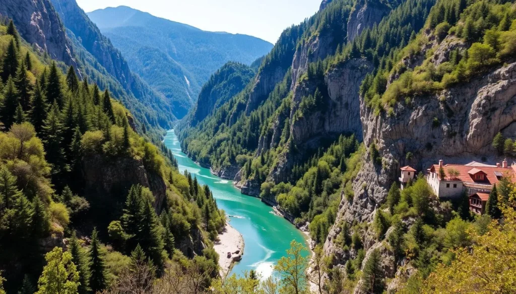 Tara River Canyon with its emerald waters flowing between steep forested cliffs Tara River Canyon with its emerald waters flowing between steep forested cliffs