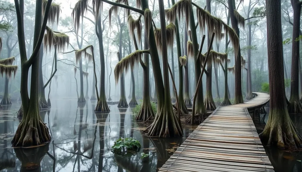 Tate's Hell State Forest with cypress trees, boardwalk, and reflective water Tate's Hell State Forest with cypress trees, boardwalk, and reflective water