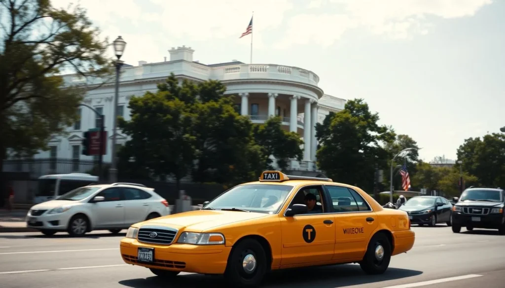Taxi cab driving past the White House in Washington DC