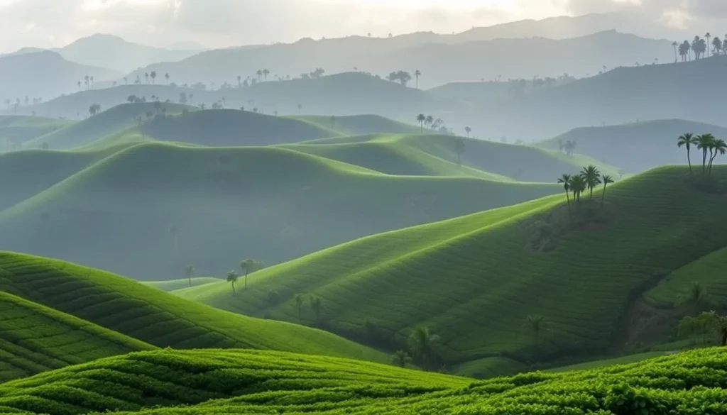 Tea plantations in Sri Lanka's hill country with misty mountains
