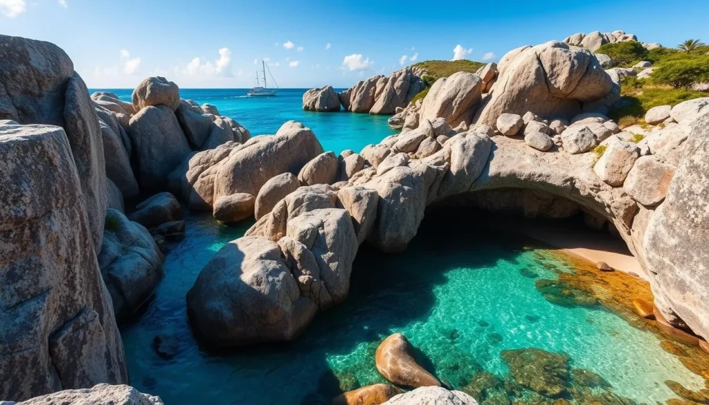 The Baths at Virgin Gorda with giant granite boulders and clear turquoise water The Baths at Virgin Gorda with giant granite boulders and clear turquoise water