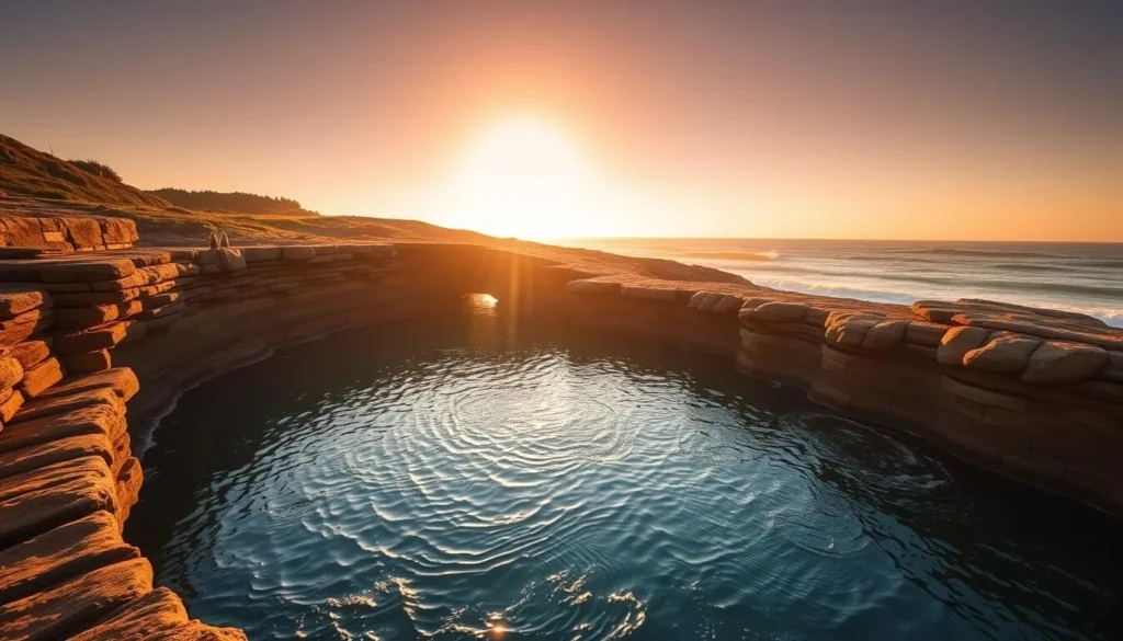 The Bogey Hole ocean pool at dawn with golden light reflecting on water