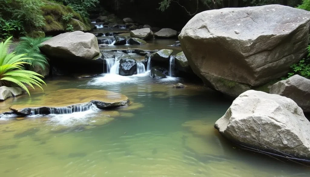 The Cascades waterfall in Garigal National Park with flowing water over rocks surrounded by ferns The Cascades waterfall in Garigal National Park with flowing water over rocks surrounded by ferns