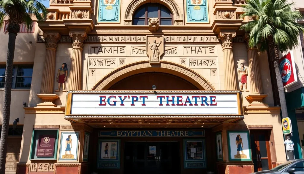 The Egyptian Theatre's distinctive Egyptian-revival architecture facade on Hollywood Boulevard The Egyptian Theatre's distinctive Egyptian-revival architecture facade on Hollywood Boulevard
