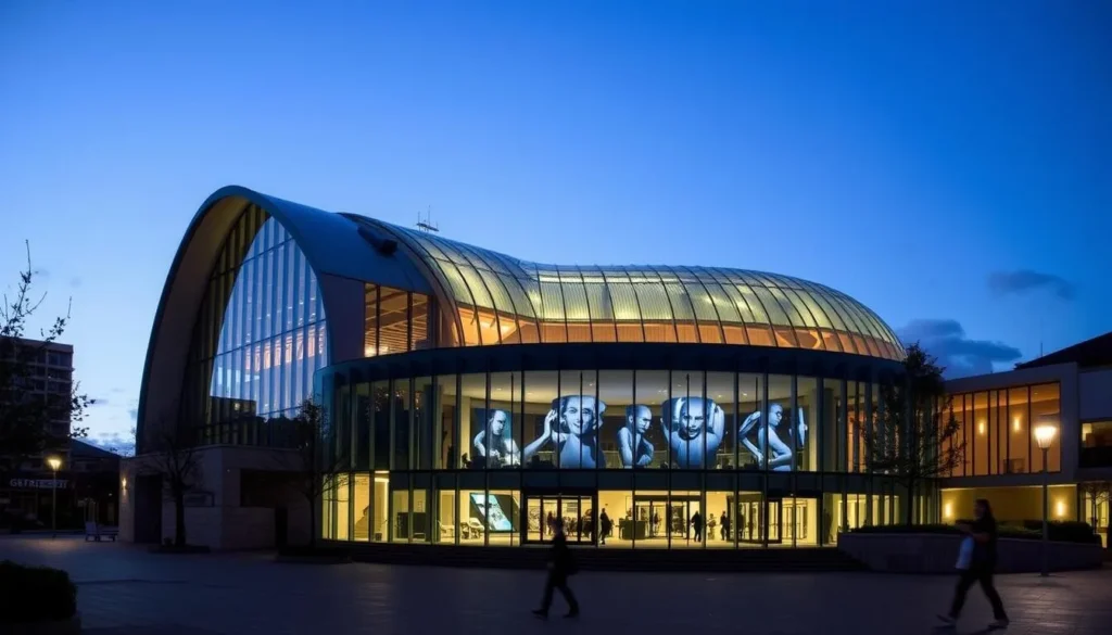 The Glasshouse cultural center with modern architecture and evening lighting