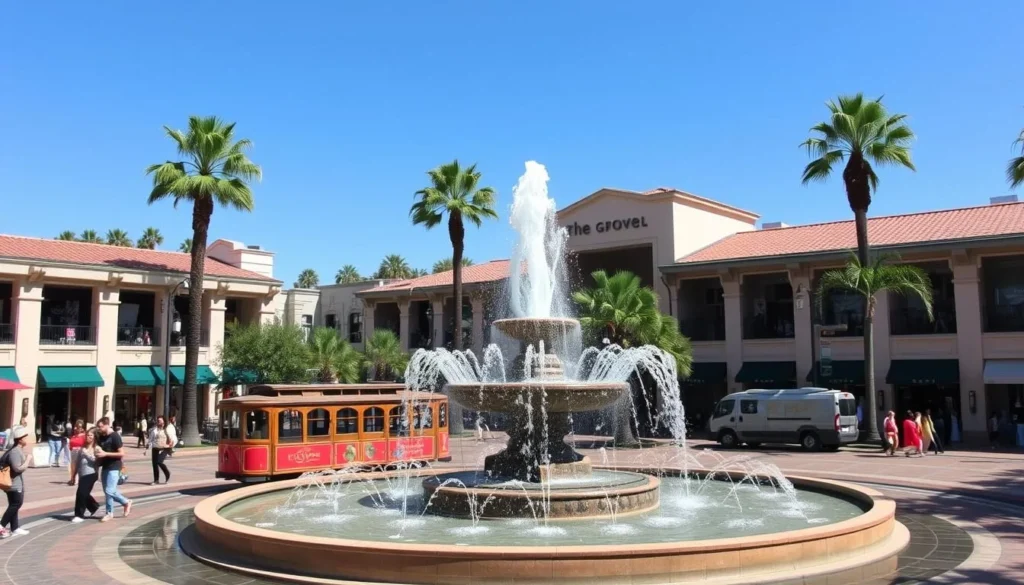 The Grove outdoor shopping mall in Los Angeles with its famous dancing fountain The Grove outdoor shopping mall in Los Angeles with its famous dancing fountain