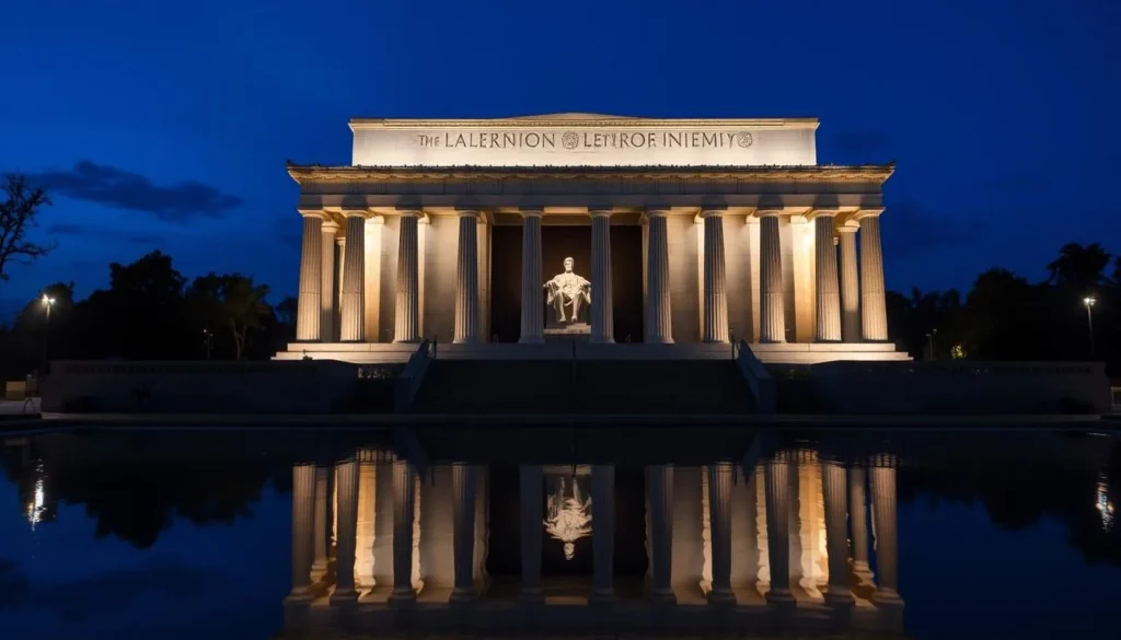 The Lincoln Memorial illuminated at night with its reflection in the reflecting pool
