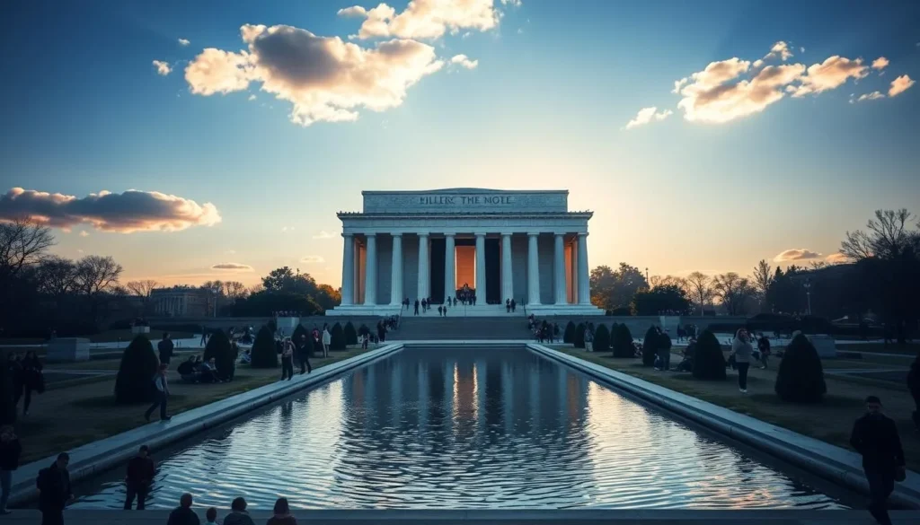The Lincoln Memorial with visitors on the steps and the reflecting pool stretching toward the Washington Monument