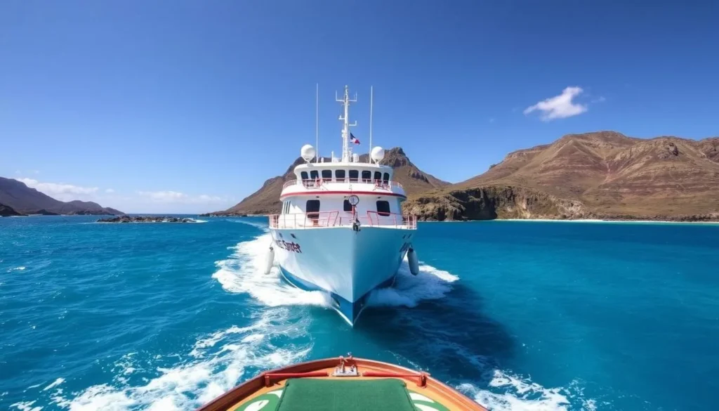 The MV Silver Supporter approaching Bounty Bay, Pitcairn Island's only access point