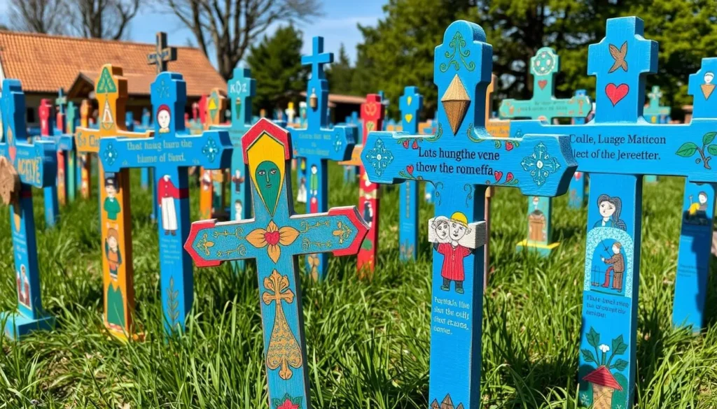 The Merry Cemetery of Săpânța with colorful crosses depicting the lives of the deceased in Maramureș, Romania The Merry Cemetery of Săpânța with colorful crosses depicting the lives of the deceased in Maramureș, Romania