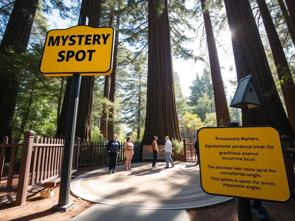 The Mystery Spot entrance sign in Santa Cruz with redwood trees in background The Mystery Spot entrance sign in Santa Cruz with redwood trees in background