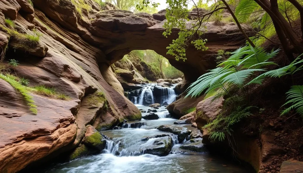 The Natural Bridge rock formation in Garigal National Park with water flowing beneath The Natural Bridge rock formation in Garigal National Park with water flowing beneath