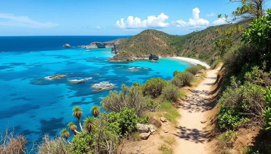 The Path of the Three Bays hiking trail in Bourail, New Caledonia, with coastal views