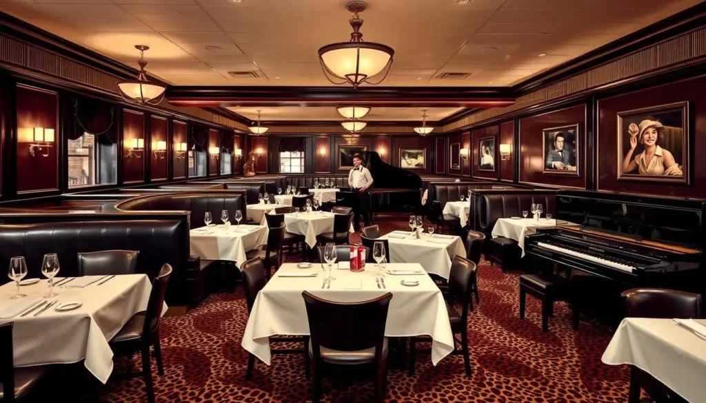 The Prime Rib's classic interior with leopard print carpet and piano