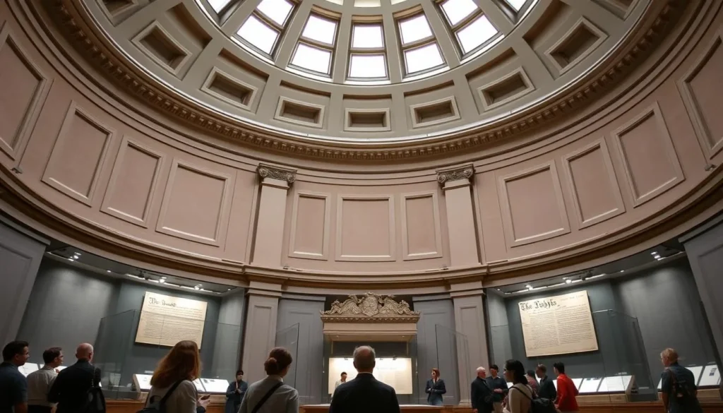 The Rotunda of the National Archives displaying the Declaration of Independence and Constitution documents