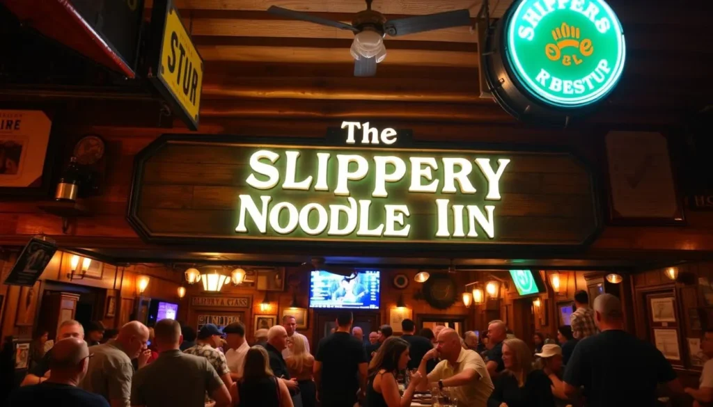 The Slippery Noodle Inn, a historic bar with a sign and a lively atmosphere