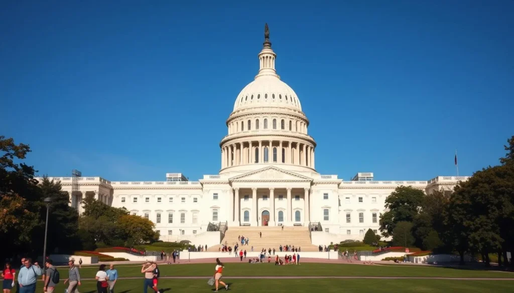 The U.S. Capitol Building with its iconic dome against a blue sky