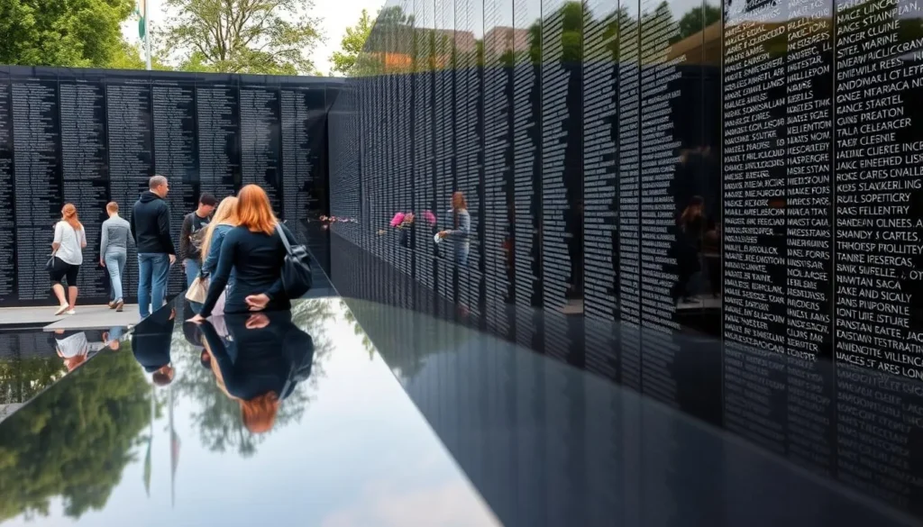 The Vietnam Veterans Memorial wall with visitors paying respects and leaving tributes