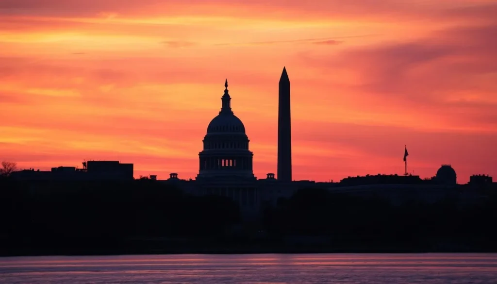 The Washington DC skyline at sunset with the Capitol and Washington Monument visible