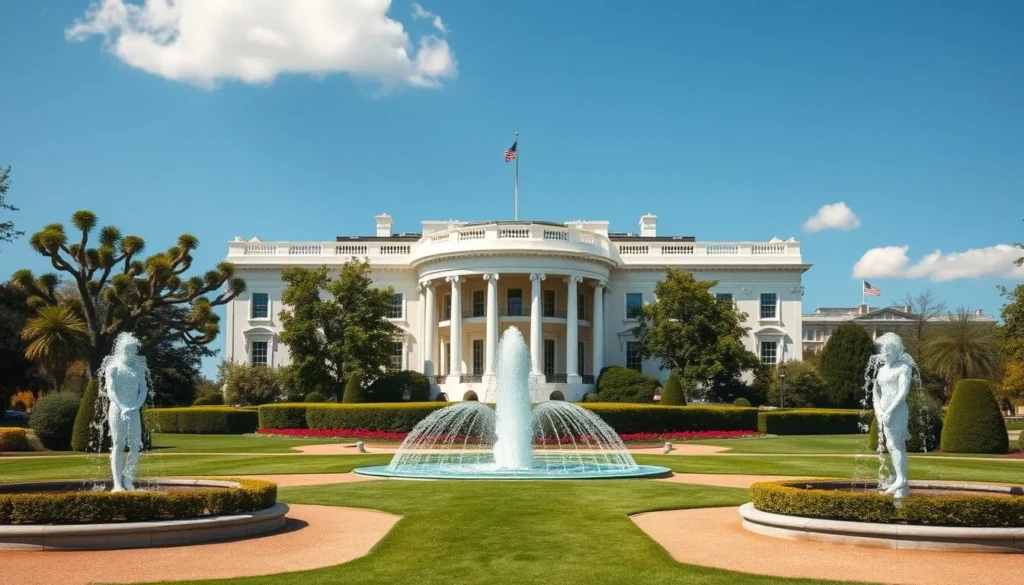 The White House seen from the North Lawn with fountains and gardens in the foreground