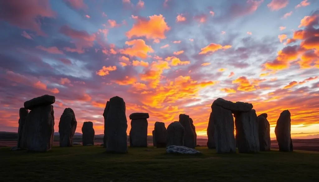 The ancient Callanish Standing Stones on the Isle of Lewis at sunset with dramatic sky