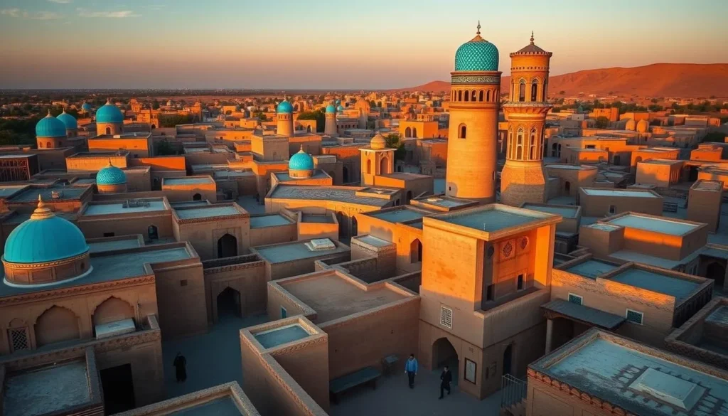 The ancient walled inner city of Itchan Kala in Khiva, one of the best things to do in Uzbekistan, showing mud-brick buildings, blue domes, and the iconic Kalta Minor Minaret at sunset The ancient walled inner city of Itchan Kala in Khiva, one of the best things to do in Uzbekistan, showing mud-brick buildings, blue domes, and the iconic Kalta Minor Minaret at sunset