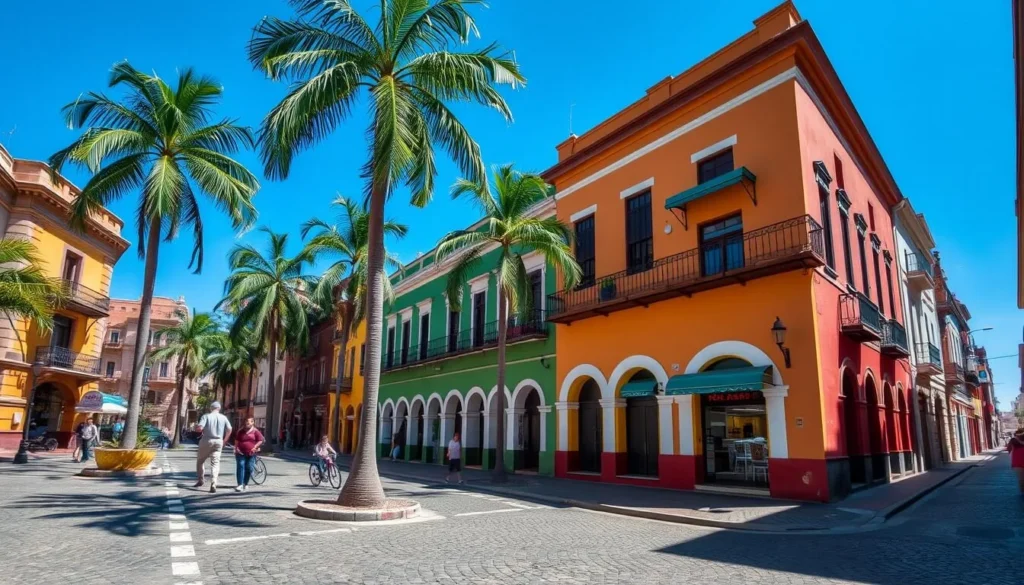 The colorful historic center of Asunción with colonial architecture and palm trees The colorful historic center of Asunción with colonial architecture and palm trees