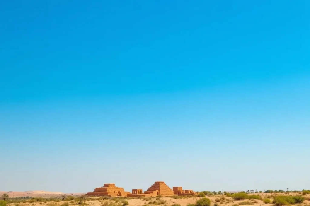 The distinctive flat-topped mountain of Jebel Barkal in Sudan with ancient ruins in the foreground