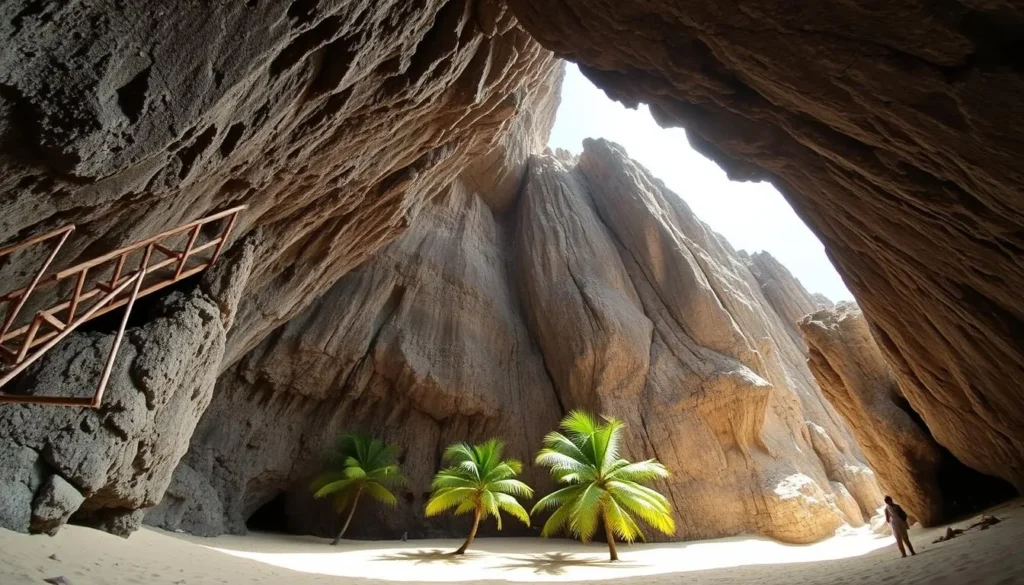 The dramatic landscape of Togo Chasm with its wooden ladder descending to the sandy floor