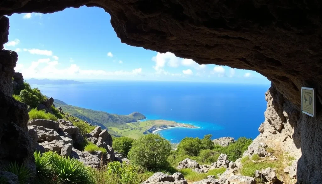 The entrance to Christian's Cave on Pitcairn Island with panoramic ocean views