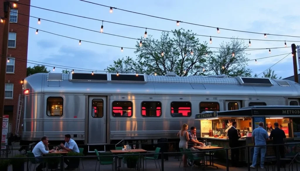 The exterior of Metrobar showing the renovated Metro railcar that serves as a bar and dining space
