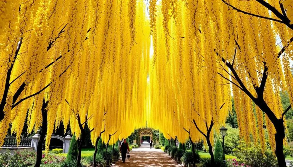 The famous Laburnum Arch at Bodnant Garden in full bloom with golden flowers The famous Laburnum Arch at Bodnant Garden in full bloom with golden flowers