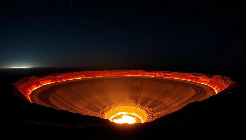 The fiery Darvaza Gas Crater at night, one of the best things to do in Turkmenistan The fiery Darvaza Gas Crater at night, one of the best things to do in Turkmenistan