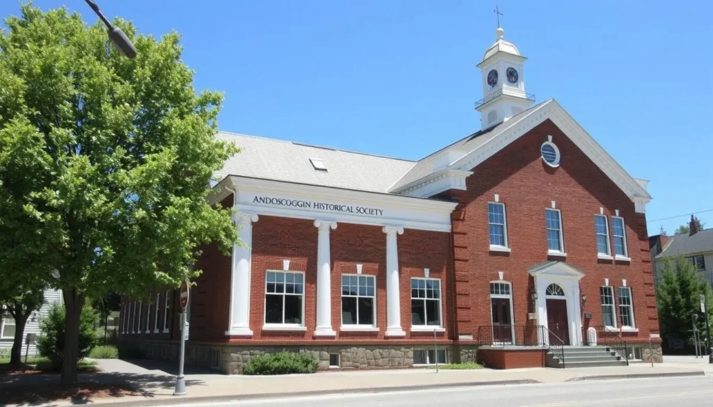 The historic Androscoggin Historical Society building in Auburn, Maine showcasing its architectural details The historic Androscoggin Historical Society building in Auburn, Maine showcasing its architectural details